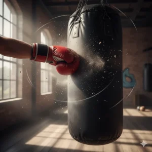 Illustration of a pair of boxing gloves impacting a heavy bag with motion lines.