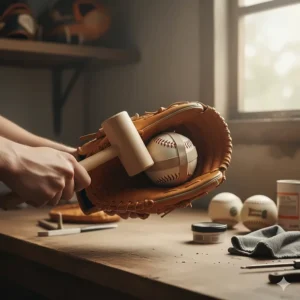 Photo illustrating the recommended method for breaking in a new softball 1st base glove to achieve optimal pocket shape and flexibility.