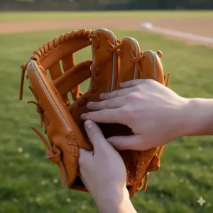 Image showing the palm and finger stalls of a newly purchased softball outfield glove being broken in.