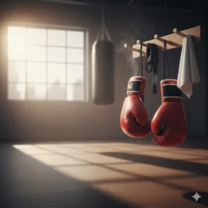 Simple illustration of a pair of boxing gloves hanging up to air dry after a workout to show proper glove care and maintenance.
