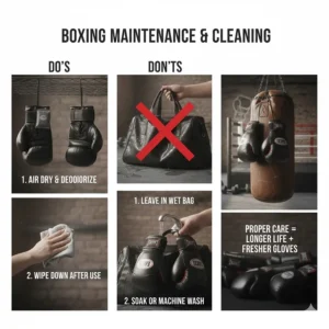 Graphic guide on how to clean and dry boxing gloves for punching bags after a workout.