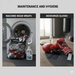 Illustration of boxing wraps in a wash bag and gloves being deodorized after a workout.