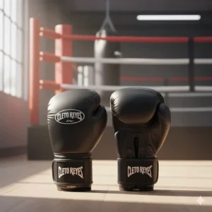 Illustration of a black pair of Cleto Reyes boxing gloves, emphasizing their quality and sleek, traditional professional design.