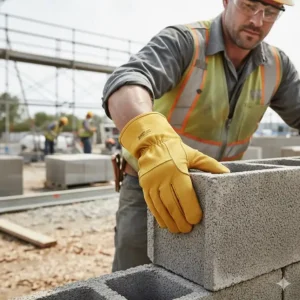 A construction worker using split cowhide work gloves to handle heavy masonry blocks.