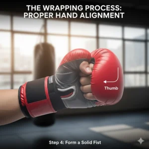 A transparent view showing the hand inside boxing gloves and wraps to demonstrate a clenched fist.