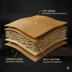 Diagram showing the multi-layer fiber structure of cowhide leather used in heavy-duty work gloves.