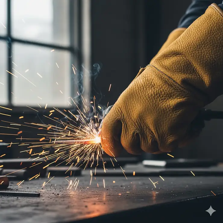 Thick cowhide gloves providing heat protection during a basic welding or metalworking task.