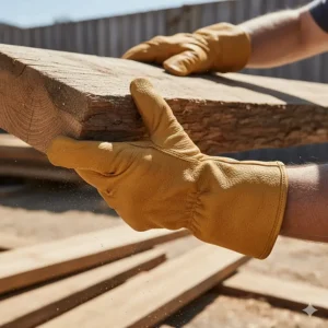 Heavy-duty cowhide leather gloves being used for hauling rough lumber to show abrasion resistance.