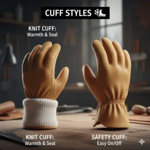 Comparison of knit wrist and safety cuffs on deerskin winter work gloves to prevent snow entry.