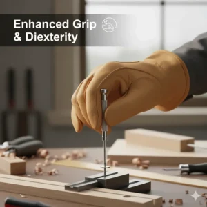 Close-up of a hand wearing deerskin gloves holding a tool, demonstrating high dexterity for cold weather tasks.