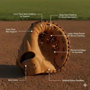 High-angle view of a fastpitch catcher's mitt, highlighting the extra thick wrist and palm padding for superior shock absorption.