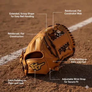 Detailed image of a fastpitch first base mitt, showing its elongated shape and professional scoop for easy ball handling.