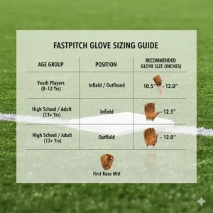 Informative graphic displaying a complete fastpitch glove sizing guide, showing recommended glove sizes based on player age and position.