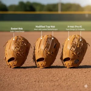 Comparison image of common fastpitch glove web types, including basket, modified trap, and H-web designs.