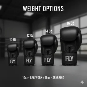 A clean grid showing the different available colorways for Fly boxing gloves, including black, white, red, and limited edition gold.