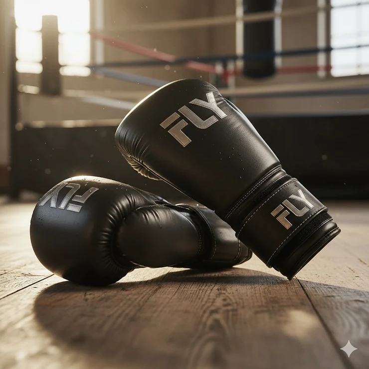 A close-up shot of a pair of brand new, premium leather Fly boxing gloves resting on a wooden floor, highlighting the quality stitching and embossed logo.
