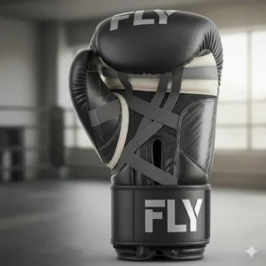 Detailed illustration showing the dual-strap system and secure padding designed for superior wrist support in Fly boxing gloves.