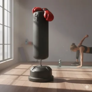 A free-standing boxing bag with gloves set up for a home gym workout.