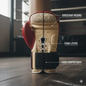Cross-section diagram illustrating the distinct horsehair and foam padding distribution unique to the design of Mexican boxing gloves.