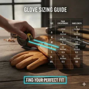A helpful sizing guide illustration for choosing the best-fitting cowhide leather work gloves.