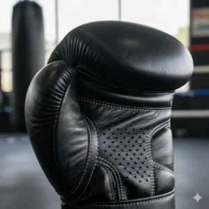 Macro photo focusing on the intricate double-stitching and ventilation holes on the palm of premium Mexican boxing gloves.