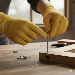 A worker using goatskin work gloves to handle small screws, demonstrating superior dexterity and tactility.