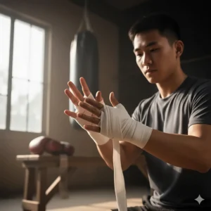 Step-by-step illustration of properly wrapping hands before putting on Muay Thai boxing gloves for injury prevention.