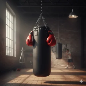 Illustration of a black leather hanging boxing bag with pro-style gloves.