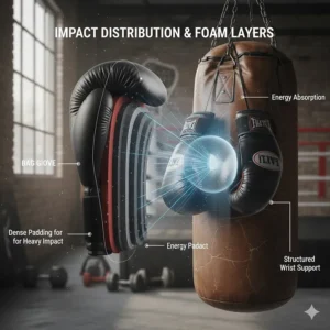 Technical illustration of multi-layered foam padding in boxing gloves for punching bag impact absorption.