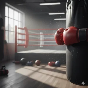 Illustration of a pair of durable boxing gloves making impact on a heavy punching bag during a tough training session.