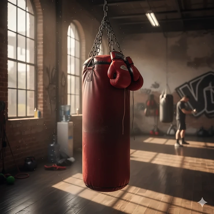 A professional heavy boxing bag with red gloves hanging over the side in a modern boxing gym. boxing bag with gloves