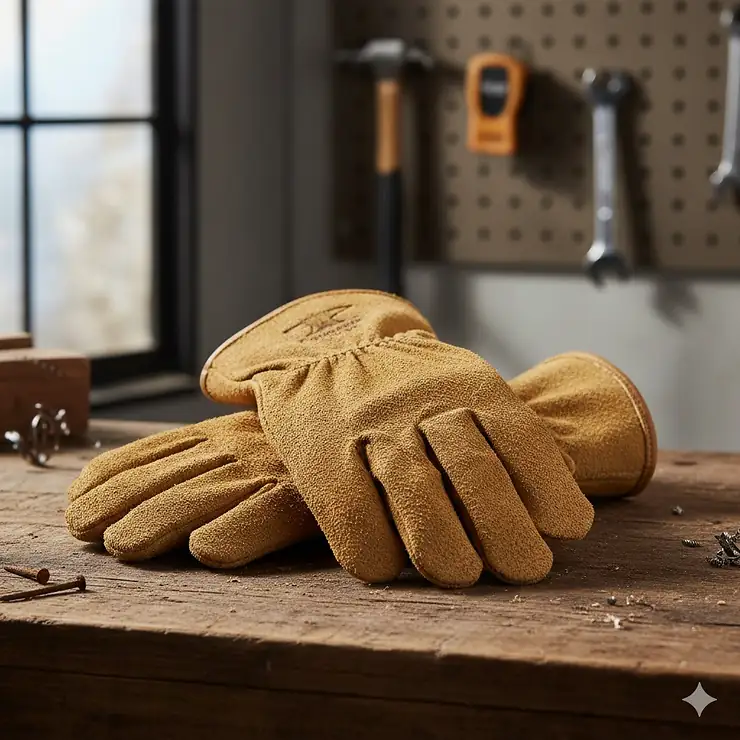 A pair of heavy-duty split cowhide work gloves displayed on a rustic wooden surface.