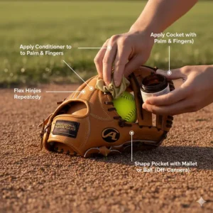 Step-by-step illustration of the proper technique for successfully breaking in a fastpitch glove using natural conditioning methods.