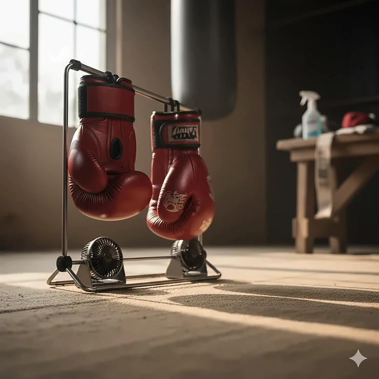 Muay Thai gloves hung up to dry and air out using a drying device to prevent odor and maintain glove condition.