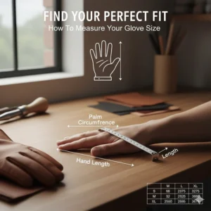 Sizing chart and measurement guide to find the best fit for deerskin work gloves.