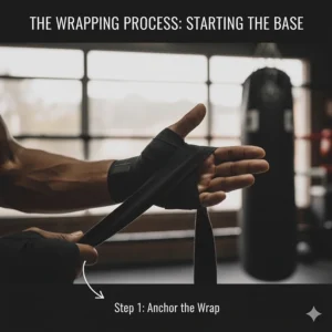 Close-up illustration of a boxer looping the hand wrap around the thumb to begin the wrapping process.