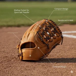 Diagram illustrating the smaller, shallower pocket and reinforced web design of a specific infield fastpitch glove pattern.
