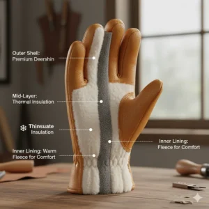 Cross-section diagram of insulated deerskin work gloves showing thermal fleece and Thinsulate layers for cold weather.