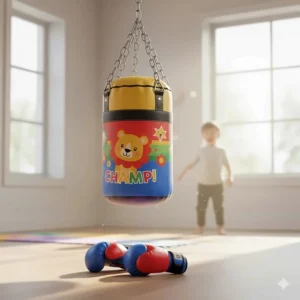 Colorful youth boxing bag with gloves designed for junior martial arts training.