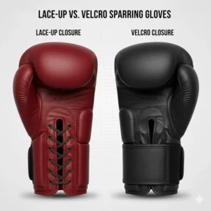 Side-by-side comparison of lace-up and hook-and-loop closures on boxing gloves used for training and sparring.