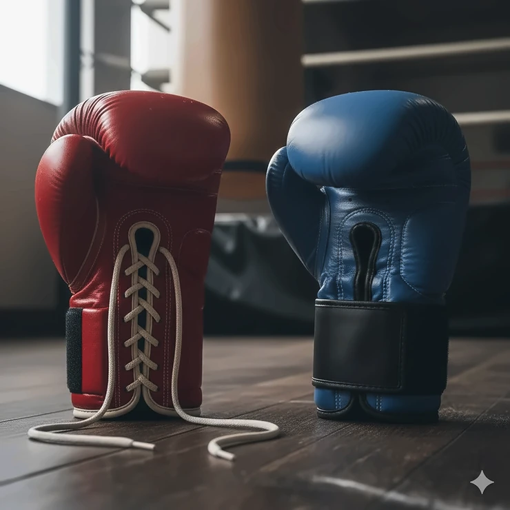 Comparison showing the detailed difference between lace-up and Velcro closure styles on authentic Mexican boxing gloves.