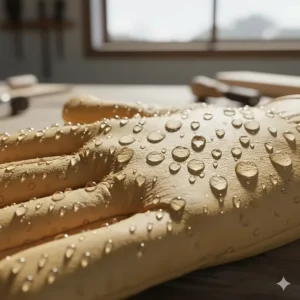 Water droplets beading on a goatskin glove surface due to high natural lanolin content.