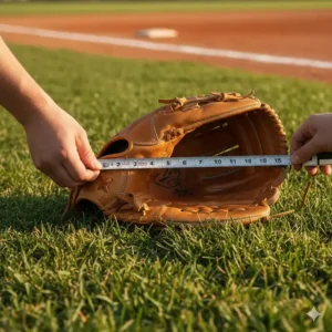 A hand holding a measuring tape across a large outfield softball mitt to indicate proper sizing.