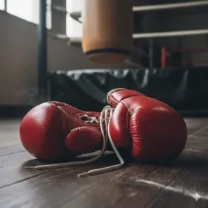 A close-up shot of a pair of classic red, lace-up Mexican boxing gloves made from high-quality traditional leather, resting on a gym floor.