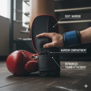 Detailed internal view of a Mexican boxing glove showing the deep, narrow hand compartment and superior thumb attachment design.