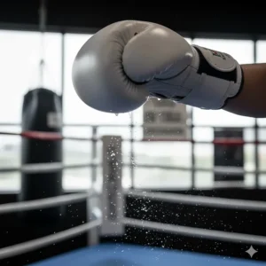 An action shot of a boxer wearing white Mexican boxing gloves delivering a powerful cross, highlighting the knuckle protection and wrist support.