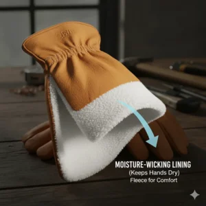 Cross-section illustration of a moisture-wicking fleece lining inside cowhide leather work gloves.