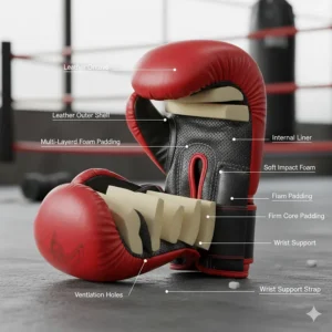 Diagram showing the internal padding and construction layers of a professional Muay Thai boxing glove.
