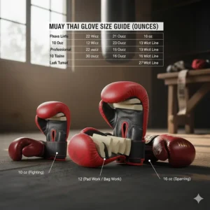 Visual comparison of different Muay Thai glove sizes in ounces, illustrating how weight relates to use (e.g., 10 oz for fighting, 16 oz for sparring).