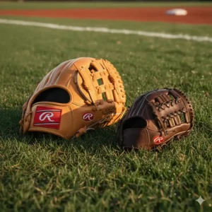 A side-by-side comparison of an outfield glove and an infield glove, highlighting the difference in size and web type.